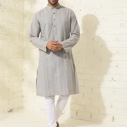 Fabindia Geometric Embroidered Band Collar Pure Cotton Straight Kurta-31