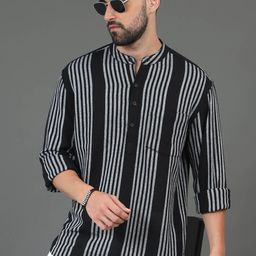 HERE&NOW Black & White Striped Printed Band Collar Cotton Straight Kurta-10