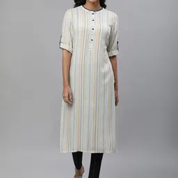 AURELIA Striped Band Collar Roll-Up Sleeves Kurta-11