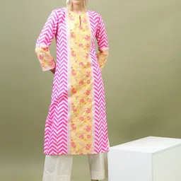 Vishudh Women Pink & Yellow Floral Striped Keyhole Neck Kurta-image-67