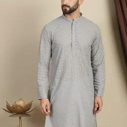 Anouk Grey Ethnic Motifs Embroidered Mandarin Collar Long Sleeves Cotton Thread Work Kurta-image-37
