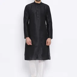 NAMASKAR Men Black Solid Dupion Silk Kurta-image-68