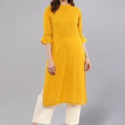 Idalia Women Mustard Yellow Mandarin Collar Kurta-image-69