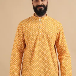 FILORI Geometric Printed Mandarin Collar Thread Work Straight Cotton Short Kurta-11