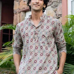 Shasak Ethnic Motifs Printed Mandarin Collar Thread Work Cotton Short Kurta-image-33