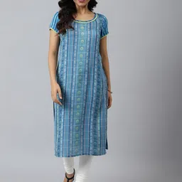 AURELIA Women Blue Geometric Printed Thread Work Kurta-picture-1