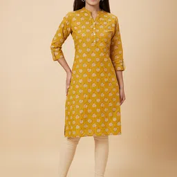 Globus Mustard Yellow Ethnic Motifs Printed Pure Cotton Kurta-33