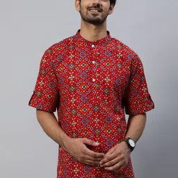 AKS Geometric Printed Mandarin Collar Cotton Kurta-image-53