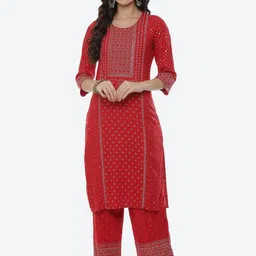Rangriti Women Red Geometric Printed Thread Work Kurta-0