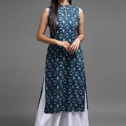 Cora Floral Printed Mandarin Collar Straight Cotton Kurta-image-15