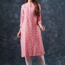 FASHOR Floral Printed Thread Work Mandarin Collar Cotton Straight Kurta-picture-44
