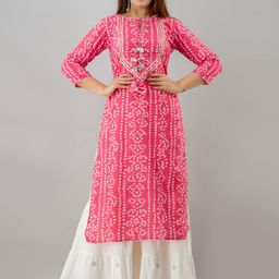 IRIDAA JAIPUR Bandhani Printed Tie Up Neck Gotta Patti Straight Kurta-image-29