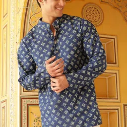 AKS Mandarin Collar Ethnic Motifs Printed Cotton Kurta-image-84