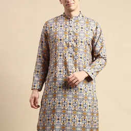 Amodh by Kisah Ethnic Motif Printed Cotton Mandarin Collar Straight Kurta-image-25