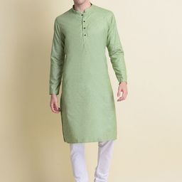 NAMASKAR Men Green Solid Cotton Straight Kurta-40