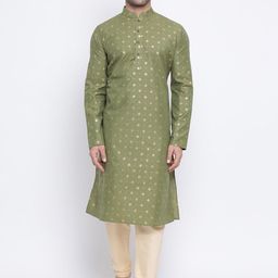 NAMASKAR Men Green & Gold-Toned Jacquard Self Design Kurta-26