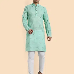 Vardha Thread Work Embroidered Cotton Mandarin Collar Long Kurta-31