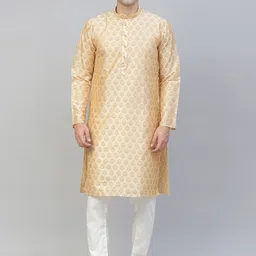 MANQ Men Beige Ethnic Motifs Thread Work Kurta-image-97