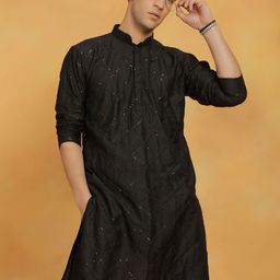 VASTRAMAY Floral Embroidered Sequinned Mandarin Collar Straight Kurta-image-17