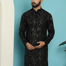SOJANYA Geometric Embroidered Mandarin Collar Sequined Pure Cotton Straight Kurta-picture-37