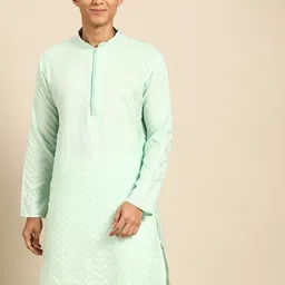 MANQ Geometric Woven Design Mandarin Collar Straight Kurta-picture-12