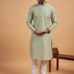 Inddus Green Ethnic Motif Embroidered Chikankari Straight Kurta-image-45