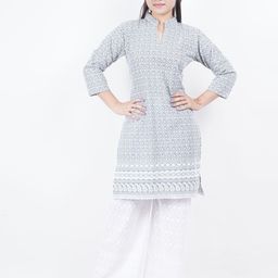 Trendzmy Women Grey & White Geometric Thread Work Kurta-picture-24