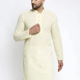Jompers Men Yellow Geometric Thread Work Kurta-image-26