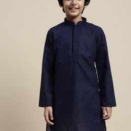 Sanwara Boys Geometric Embroidered Mandarin Collar Thread Work Cotton Straight Kurta-11