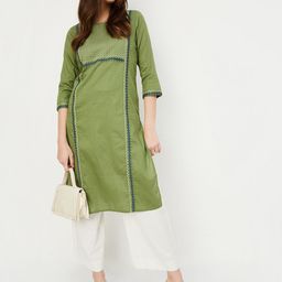 max Geometric Woven Design Round Neck Thread Work Cotton Straight Kurta-24