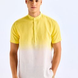 Red Flame Tie & Dye Band Collar Linen Cotton Kurta-image-78
