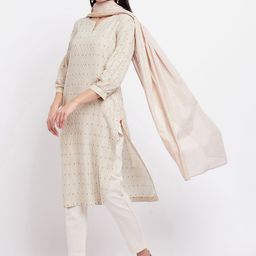 W Striped Notch Neck Puffed Sleeves Straight Kurta-image-9