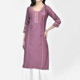 SpanEthnic Motifs Embroidered Round Neck Three-Quarter Sleeves Thread Work Kurta-image-65