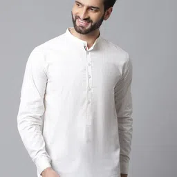 even Striped Woven Design Band Collar Cotton Short Kurta-image-17