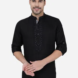 JB STUDIO Embroidered Mandarin Collar Roll Up sleeves Chikankari Kurta-image-22