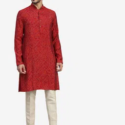 THE KURTA COMPANY Bandhani Printed Mandarin Collar Straight Silk Kurta-image-88