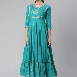 Divena Women Green Yoke Design Mirror Work Anarkali Kurta-image-5