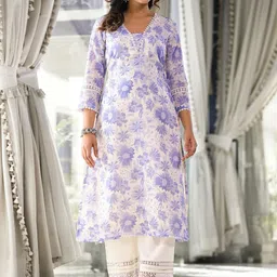 Varanga Floral Printed Kota Check Straight Kurta With Lace-picture-15
