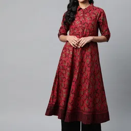 KALINI Floral Printed Shirt Collar Roll-Up Sleeves Cotton Anarkali Kurta-picture-38