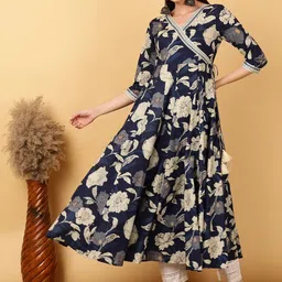 KIMAYRA Floral Printed V-Neck Angrakha Styled Mirror Work Cotton Anarkali Kurta-11