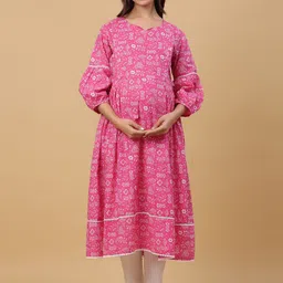Ikk Kudi by Seerat Notch Neck Floral Printed Puff  Sleeves Maternity Pure Cotton Kurta-picture-40