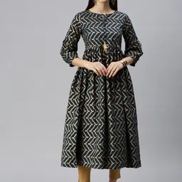 SHOWOFF Women Navy Blue Chevron Linen Keyhole Neck Anarkali Kurta-image-58