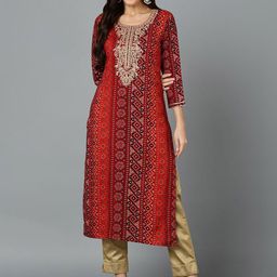 KALINI Bandhani Printed Round Neck Zari Straight Kurta-image-9