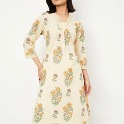 max Floral Printed Pleated V-Neck Straight Kurta-image-98