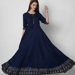 Sanganeri Kurti Women Navy Blue Solid Anarkali Kurta-picture-16