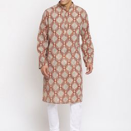 Fabindia Men Beige & Orange Geometric Printed Cotton Kurta-picture-6