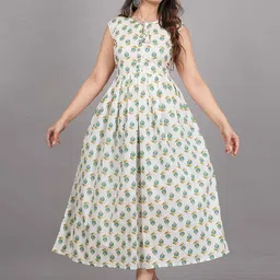UNIBLISS Floral Printed Tie-Up Neck Pure Cotton Fit & Flare Midi Dress-39