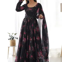Krunal Raiyani Round Neck Floral Printed Anarkali Cotton Kurta with Dupatta-picture-40