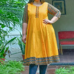 KALINI Plus Size Geometric Printed Round Neck Cotton Anarkali Kurta-18