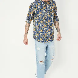 max Floral Printed Mandarin Collar Roll-Up Sleeves Straight Pure Cotton Short Kurta-image-63